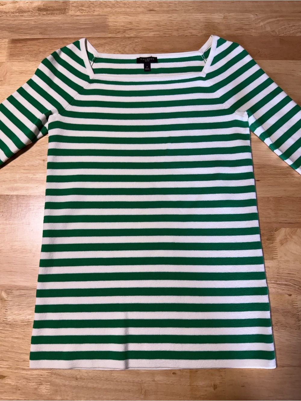 Talbots Petite Green White Striped Knit Top Boat Neck Short Sleeve Stretch EUC